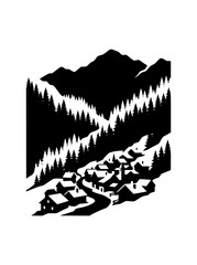 Fototapeta premium Black and White Mountain Village Silhouette Landscape