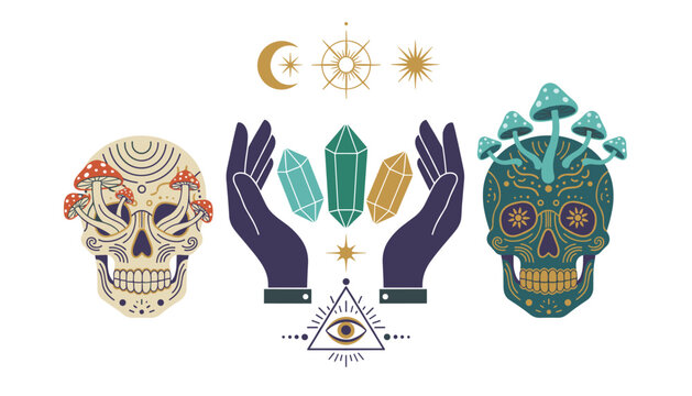 Mystical esoteric symbols include skulls adorned with growing mushrooms and a pair of hands holding magic crystals.