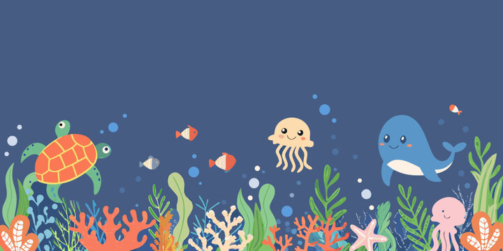 Underwater scene vector illustration with marine life and coral formations