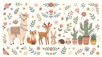 Fototapeta premium Cute woodland animals vector set with deer, fox, owl, squirrel. Whimsical forest creatures and floral elements illustration for design, stickers, and patterns. Flat folk art style.