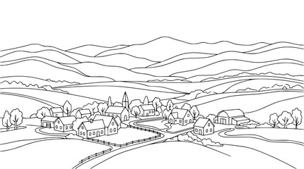 Fototapeta premium Rural Village Landscape Line Art Illustration for Coloring Book