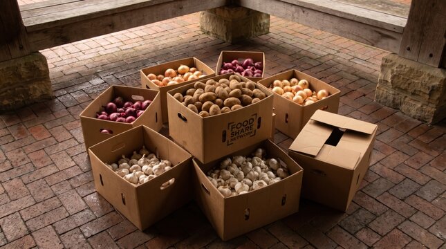 Brick pavilion floor arranged with handled cardboard boxes of potatoes, red onions, yellow onions and garlic, visualising durable farm produce gathered for cooperative pantry supply and less waste