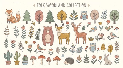 Fototapeta premium Cute woodland animals vector set with deer, fox, owl, squirrel. Whimsical forest creatures and floral elements illustration for design, stickers, and patterns. Flat folk art style.