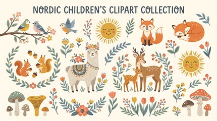 Fototapeta premium Cute woodland animals vector set with deer, fox, owl, squirrel. Whimsical forest creatures and floral elements illustration for design, stickers, and patterns. Flat folk art style.