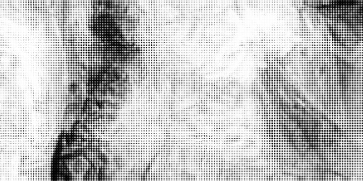 Dotted halftone texture background. Black and white pop art gradient overlay. Fading grunge gritty noise wallpaper. Weathered pixelated comic backdrop. Vector bitmap subtle vanishing surface