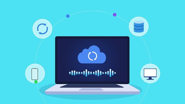 Animated flat vector motion graphic featuring an AI cloud synchronization interface on a laptop with database, desktop, smartphone, and refresh icons. Ideal for cloud computing, data synchronization, 