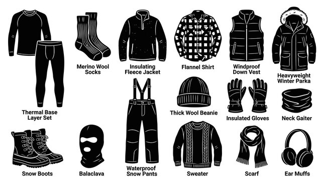 Winter Clothing Icons Set: Black  White Line Art of Outerwear and Accessories