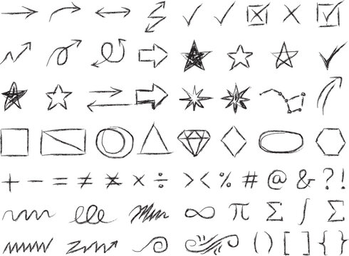 Set of hand drawn sketch icons and symbols on white background with geometric