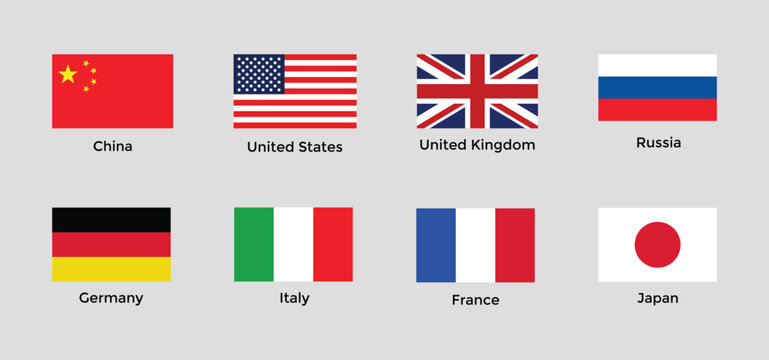 united state, china, uk, russia, germany, italy, france and japan flag set. national round circle flag emblem official icons. representing nation identity	