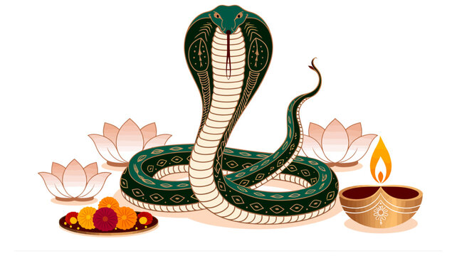 Colorful Cobra Worship Illustration With Kalash Coconut Marigold Bells For Nag Panchami Festival Ritual