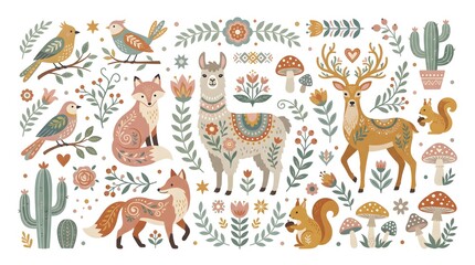 Fototapeta premium Cute woodland animals vector illustration. Folk art style featuring deer, fox, owl, llama, squirrel, forest flowers, and nature elements for creative design and decorative patterns.
