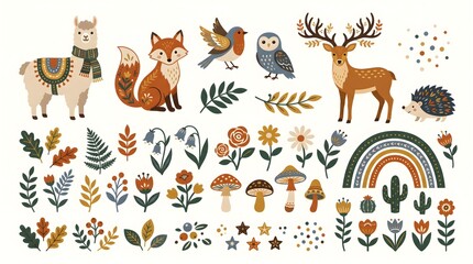 Fototapeta premium Cute woodland animals vector illustration. Folk art style featuring deer, fox, owl, llama, squirrel, forest flowers, and nature elements for creative design and decorative patterns.