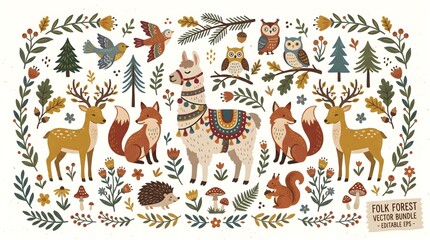 Naklejka premium Cute woodland animals vector illustration. Folk art style featuring deer, fox, owl, llama, squirrel, forest flowers, and nature elements for creative design and decorative patterns.