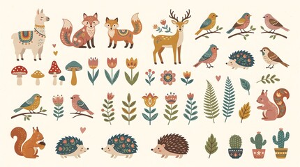 Naklejka premium Cute woodland animals vector illustration. Folk art style featuring deer, fox, owl, llama, squirrel, forest flowers, and nature elements for creative design and decorative patterns.