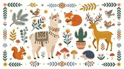 Obraz premium Cute woodland animals vector illustration. Folk art style featuring deer, fox, owl, llama, squirrel, forest flowers, and nature elements for creative design and decorative patterns.