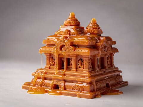 Golden Caramel Temple Sculpture Dripping Sweet Glaze Over Detailed Indian Architecture Model