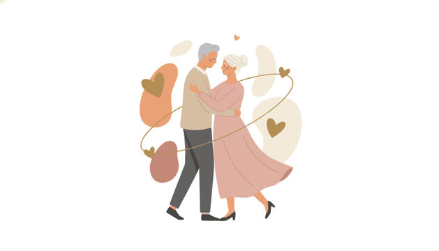 Touching illustration of a senior elderly couple slow dancing inside a delicate gold ring of floating hearts.