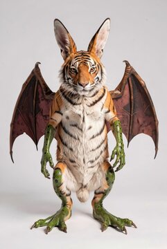 Tiger Bat Hybrid Creature With Green Limbs And Wings Standing On White Background