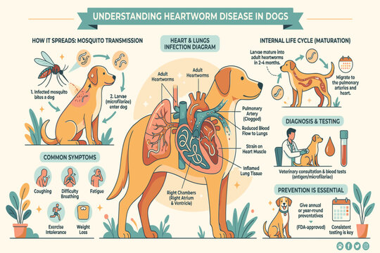 Educational canine heartworm infographic illustrating mosquito-borne parasites affecting cardiovascular health with prevention and treatment guidance clearly.