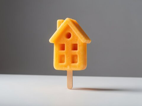 Orange House-Shaped Popsicle on Wooden Stick Against Minimalist Gray Background