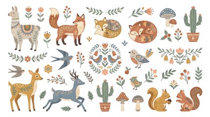 Obraz premium Cute woodland animals vector illustration. Folk art style featuring deer, fox, owl, llama, squirrel, forest flowers, and nature elements for creative design and decorative patterns.