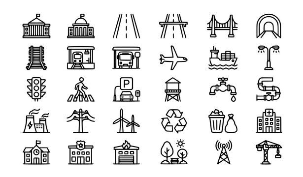 Public Infrastructure Line Icons Set with City Utilities Transportation and Urban Services Editable Stroke Vector Colle