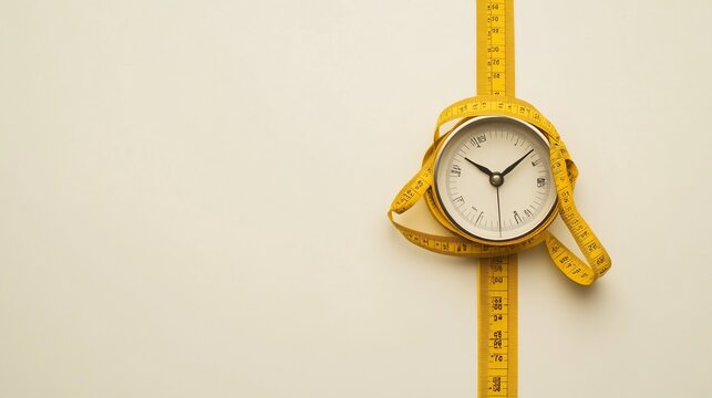 Time management, clock wrapped in tape measure, white background, productivity concept