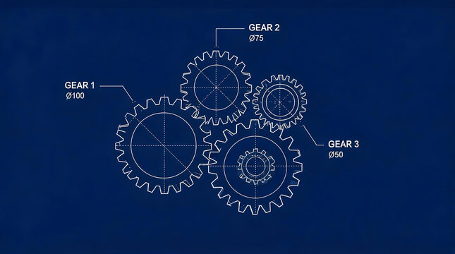 A technical blueprint illustration showing four interlocking gears with labeled outer diameters, used for mechanical engineering design.