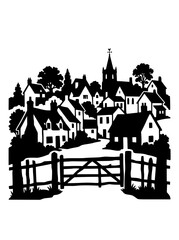 Fototapeta premium Silhouette of a Traditional English Village Scene with Church and Gate