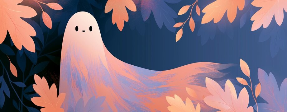 Whimsical textured digital illustration of a cute, friendly ghost peeking from glowing autumn leaves in a dark enchanted forest, a fantasy Halloween web banner background.