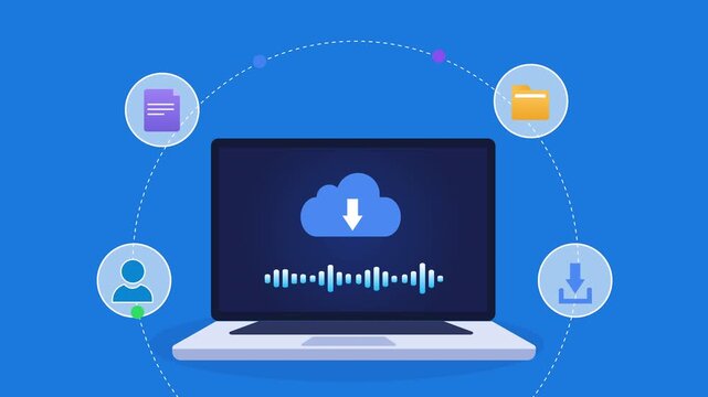 Animated flat vector motion graphic featuring an AI cloud upload interface on a laptop with user, folder, download, and document icons. Ideal for cloud computing, file transfer, and artificial intelli
