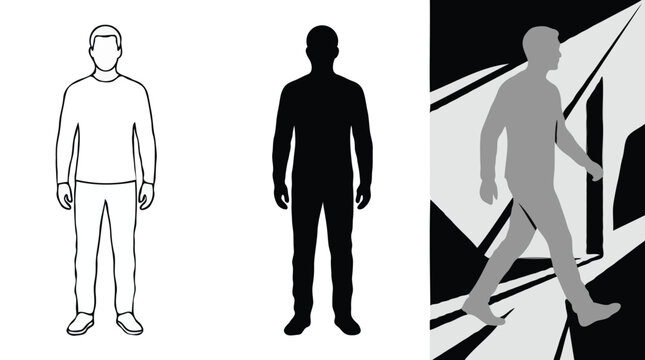 Black silhouettes of three businessmen walking forward side by side in suits