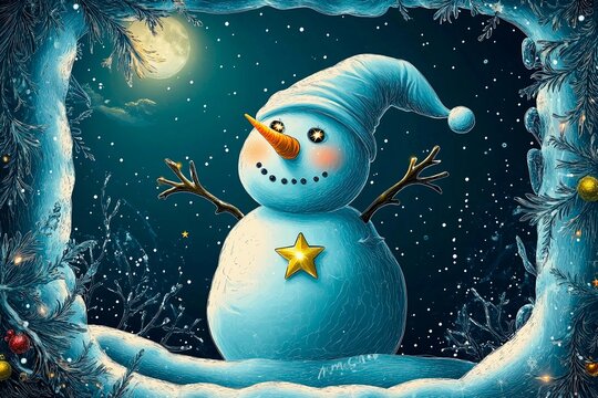 Magical snowman with twinkling eyes and a golden star at night