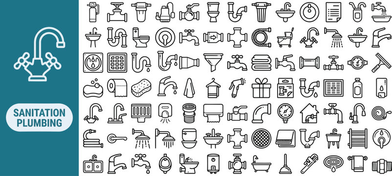 Plumbing and sanitation outline icon set. Featuring faucet, pipe, toilet, shower, and water valve symbols. Editable stroke vector icons for repair services and bathroom fixture catalogs.