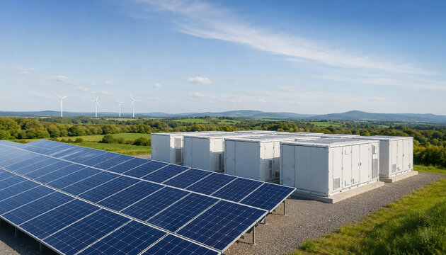 A containerized battery energy storage system installed beside a solar power plant.
