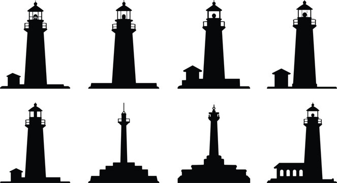 Lighthouse and Beacon Tower Silhouette Collection Vector Icon Set
