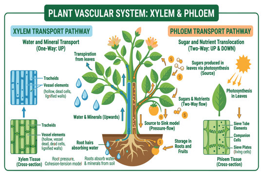 Educational plant vascular system infographic explaining xylem and phloem functions with labeled botanical anatomy and transport pathways.
