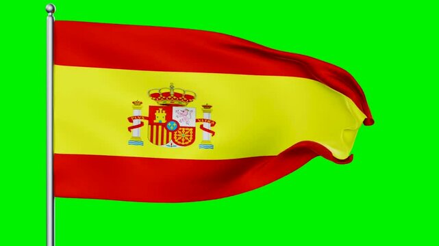 Spanish flag waving in the wind against green background. National banner of Spain fluttering on a clear day for patriotic events and cultural cele...