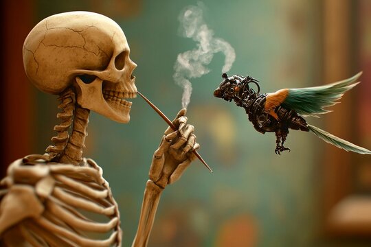 Skeleton writes with quill while robotic bird emits steam in a creative setting