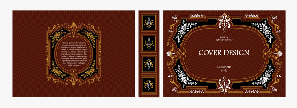 Elegant horizontal vintage book cover design with ornate Art Deco frame, geometric decorative ornaments, and luxurious retro style for publications, albums, posters, and premium layouts