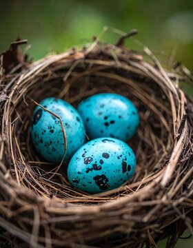 Three bright blue bird eggs speckled in a natural nest outdoors
