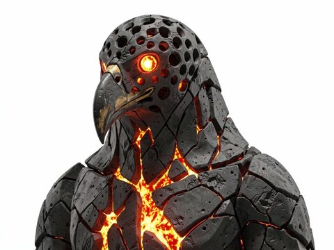 Fiery volcanic bird creature with glowing red eyes and molten core, dark rocky texture, sci-fi fantasy monster