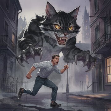 Giant black cat leaps over man running through misty European street alleyway at night