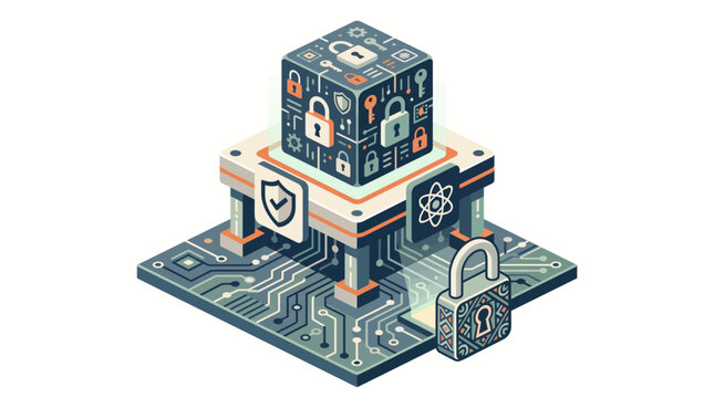 Quantum computing security concept with locked cube on circuit board background