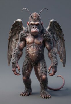 Mythical Winged Gorilla Monster With Antennae And Metallic Spikes Standing Against Gray Background