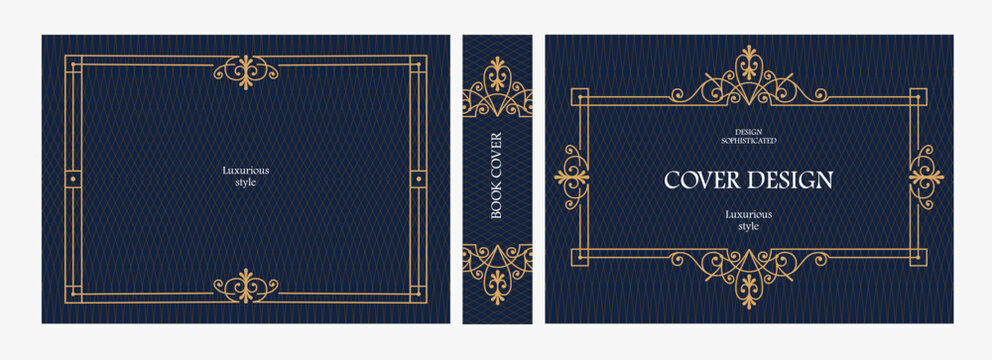 Elegant horizontal vintage book cover design with ornate Art Deco frame, geometric decorative ornaments, and luxurious retro style for publications, albums, posters, and premium layouts
