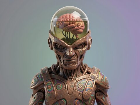 Futuristic Brain-Helmeted Cyborg With Psychedelic Patterns Floating in Glass Dome Against Gradient Background