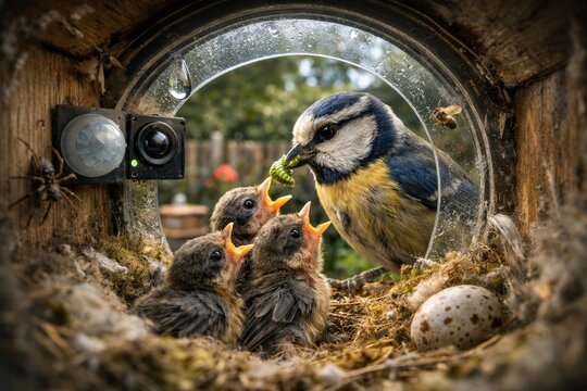 Blue Tit Feeding Chicks Inside Nest Camera View with Spider, Egg & Bee &ndash; Nature Wildlife Observation