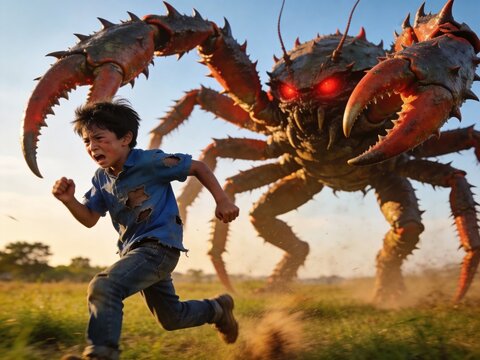 Boy Running From Giant Red Crab Monster In Sunlit Field During Action Adventure Scene