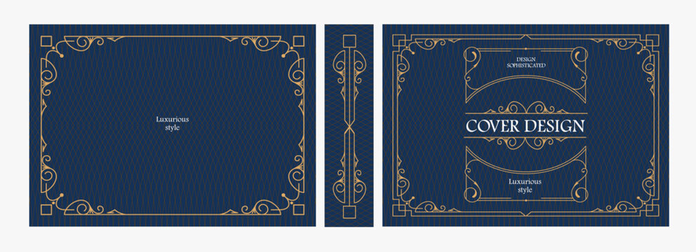 Elegant horizontal vintage book cover design with ornate Art Deco frame, geometric decorative ornaments, and luxurious retro style for publications, albums, posters, and premium layouts